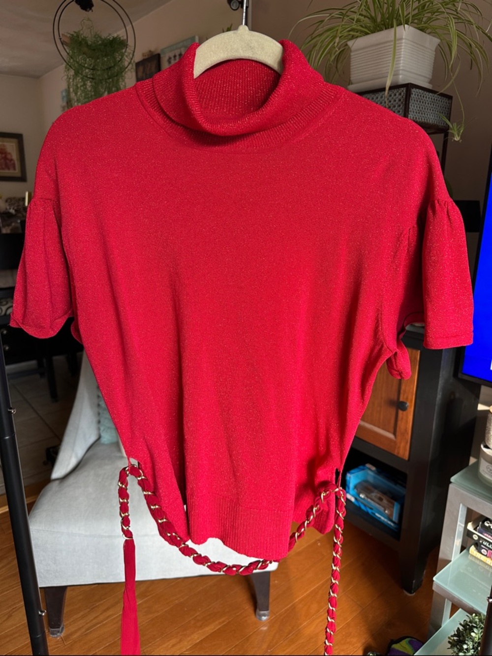 Red Turtleneck Short-Sleeve Sweater with Chain-Tie Detail